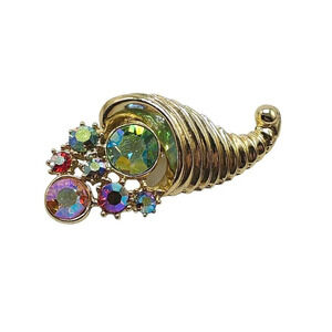 Cornucopia Aurora Borealis Rhinestone Brooch Pin Gold Tone Vintage